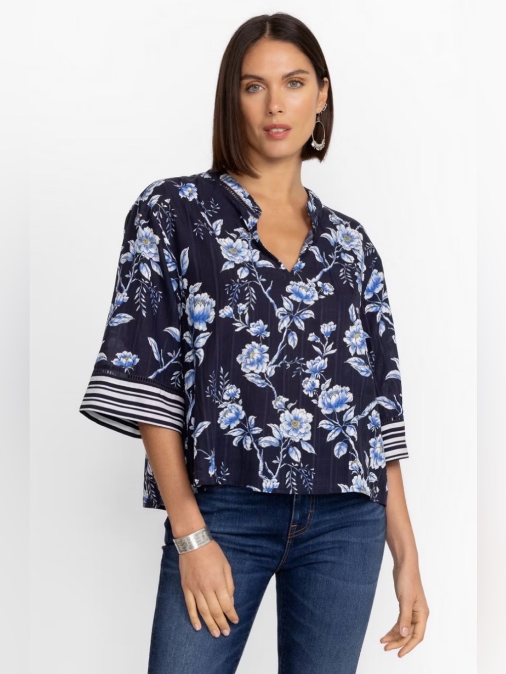 NWT Johnny Was Calmé Blue Floral Split Neck Blouse Striped Cuff Small